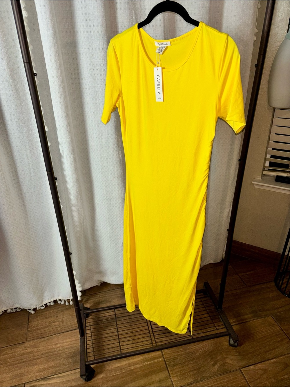 Bright Yellow Short-Sleeve Midi Dress
